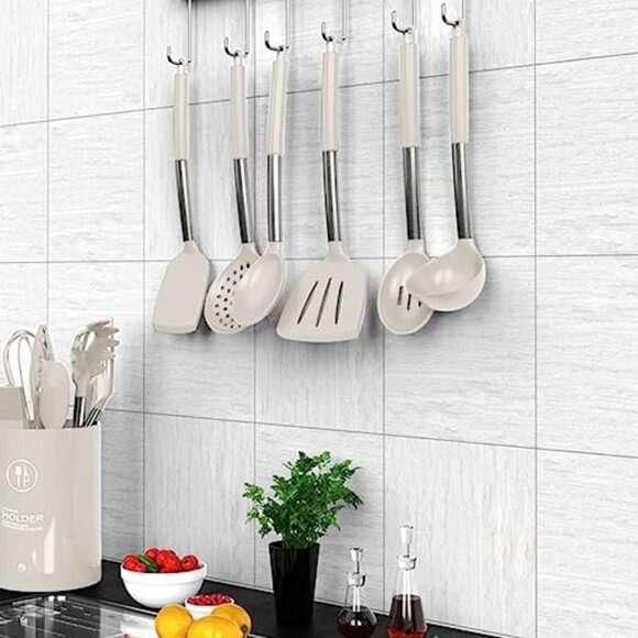 New Silicone Cooking Utensils Set Stainless Steel and Khaki Taupe - Picture 1 of 7